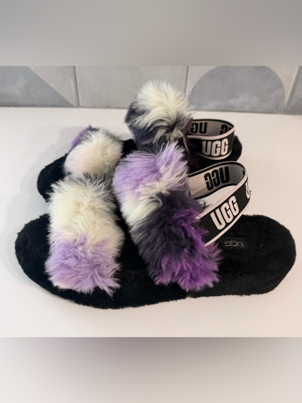 UGG faux fur purple and white sandal slide. Size 10